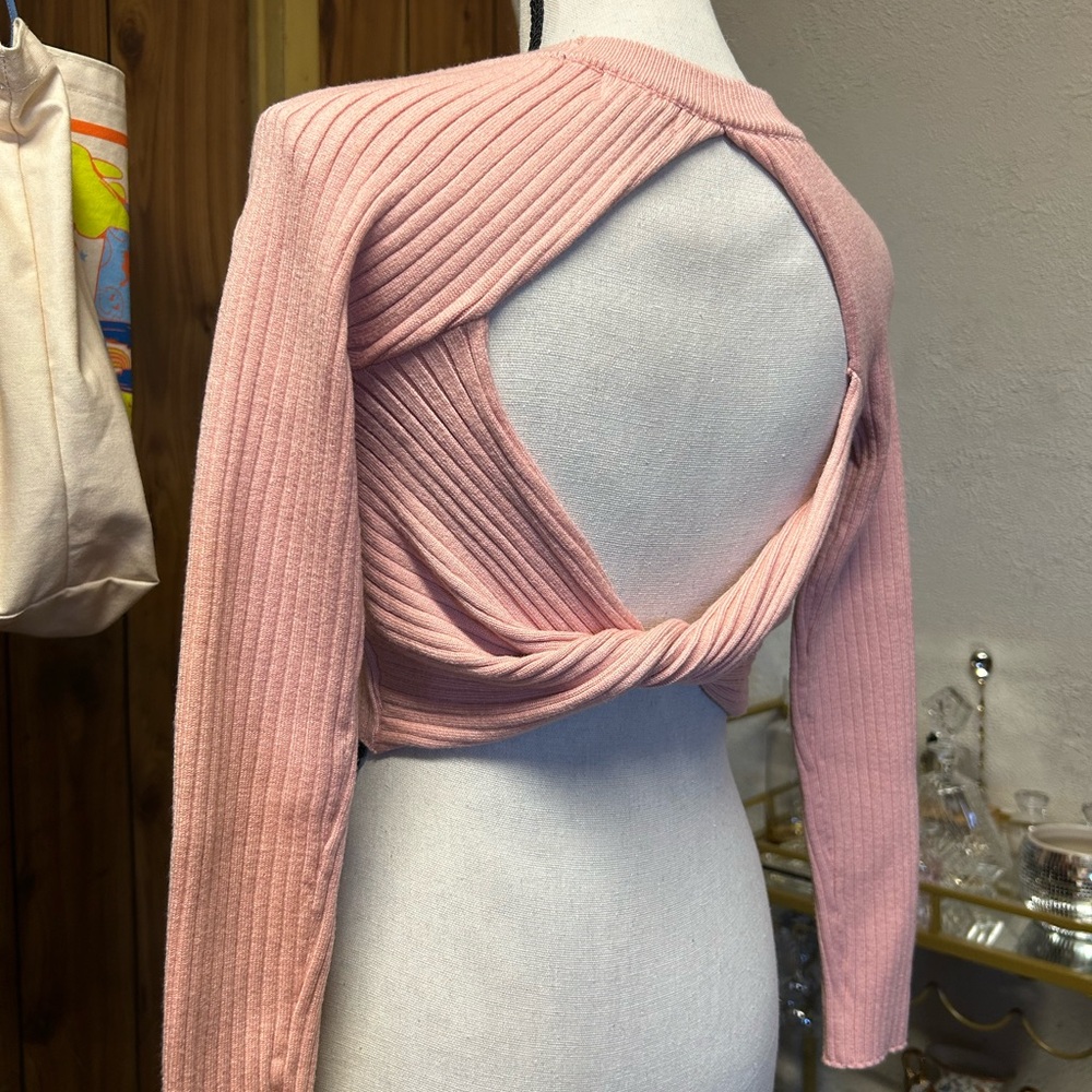 Pink Ribbed Knit Crop Sweater - Picture 3 of 4